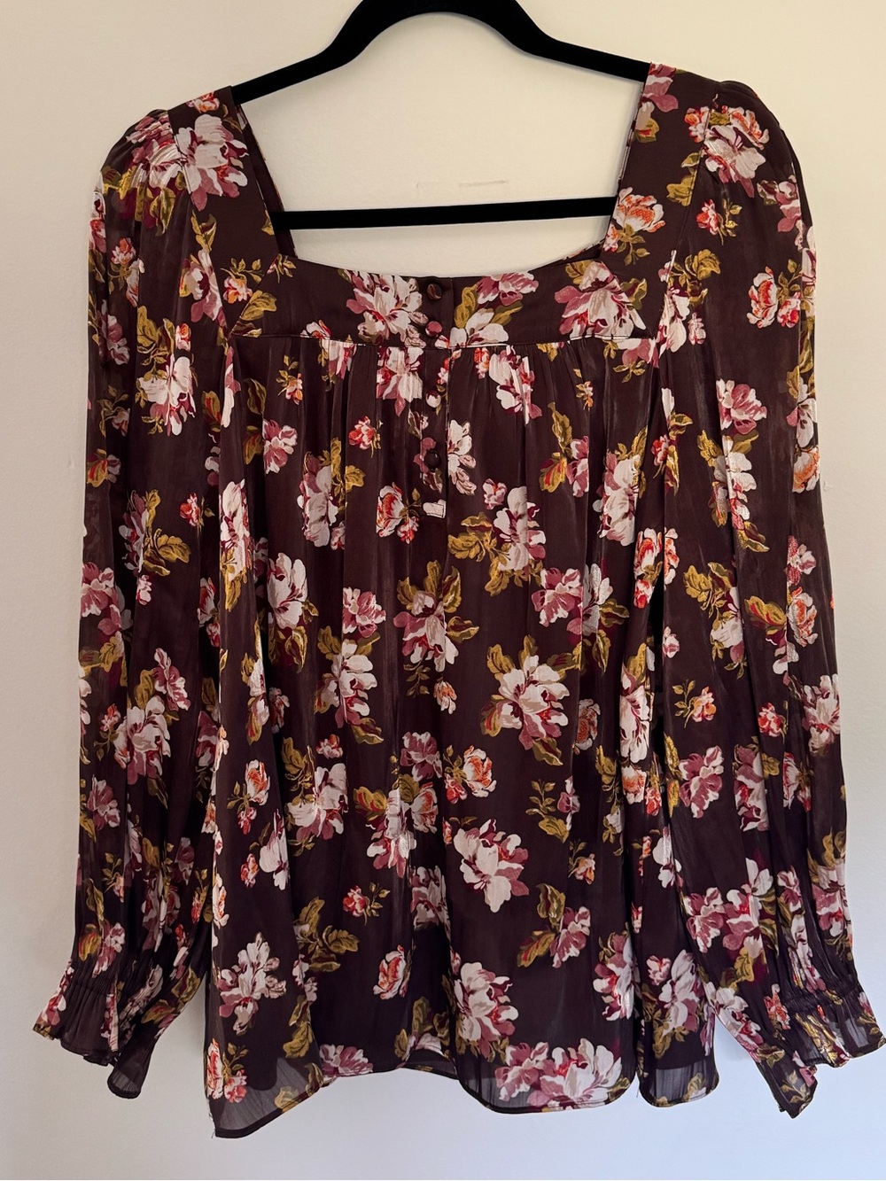 LC Lauren Conrad Chocolate Floral Square-Neck Blouse with Pink and Cream Blooms